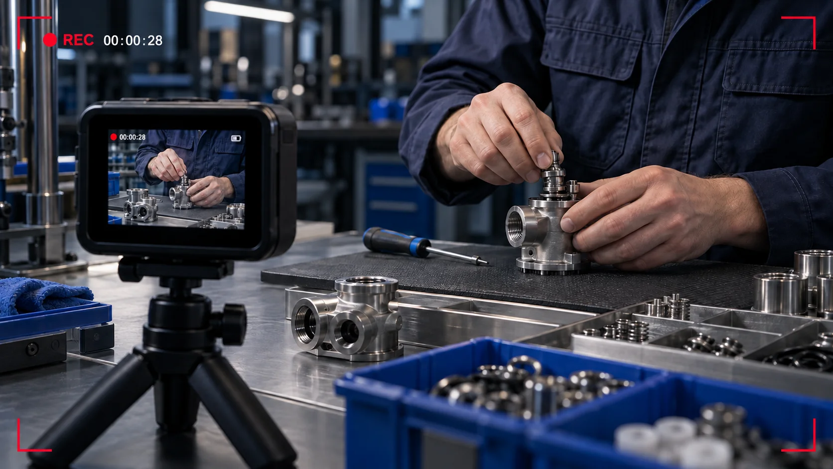 Action camera recording an operator assembling a metal component, with a red REC indicator framing the scene.
